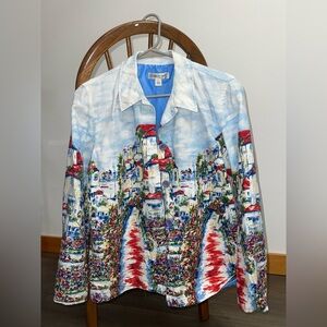 Vtg Coldwater Creek Linen Blend  Art to Wear Scenic Village Print Jacket Sz L